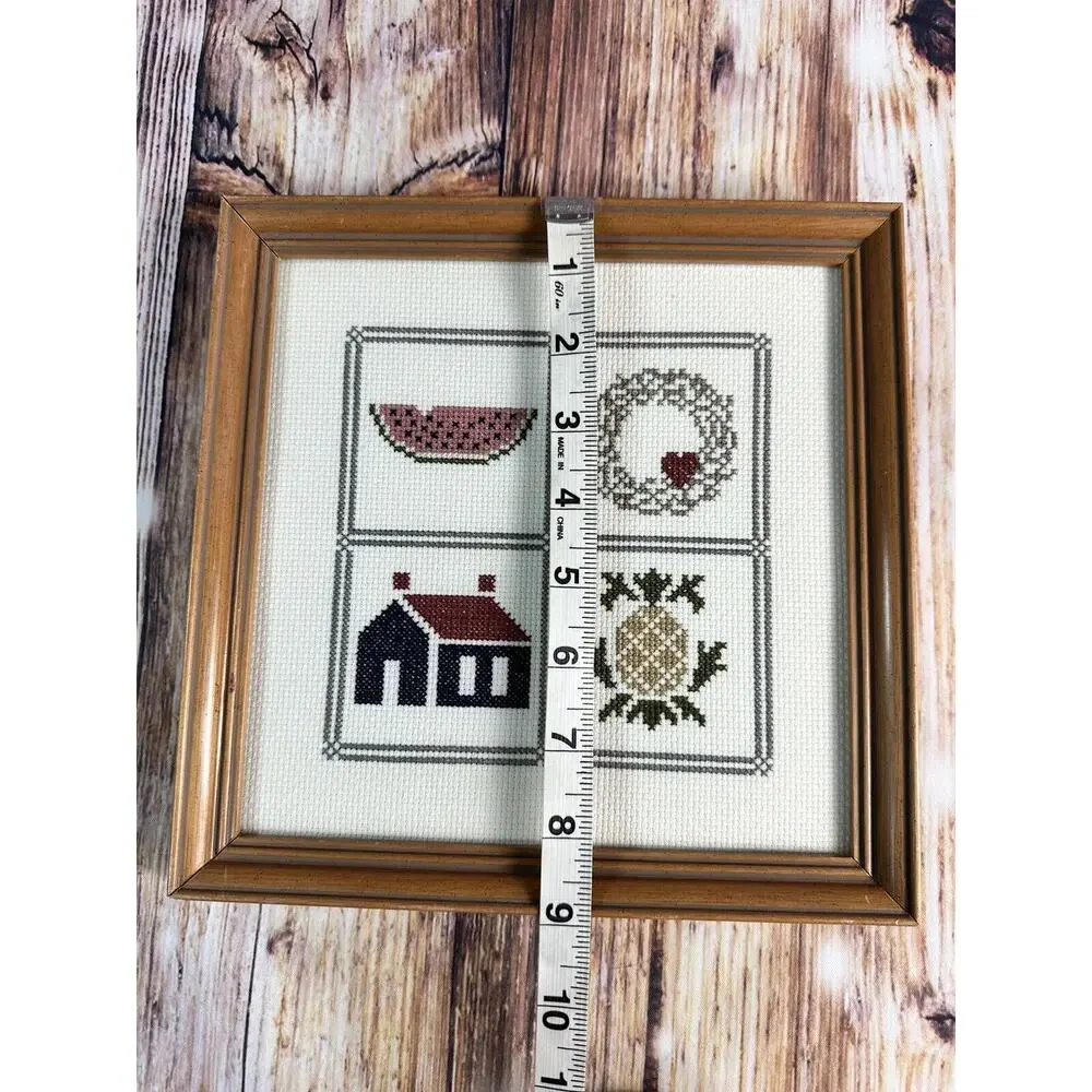 Vintage Cross Stitch House Warming Gift Pineapple Wreath Framed Finished 9x9 - Picture 11 of 11